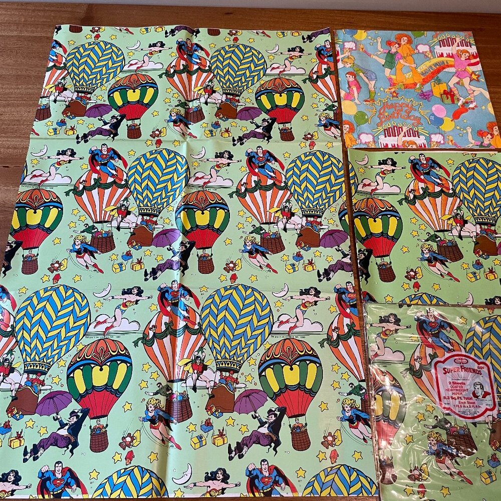 Vintage DC Comics Superheroes & Happy BD Gift Wrap Sheets Set of 5, Superman